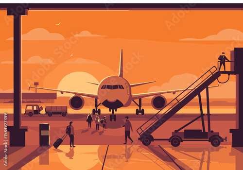Airplane at airport terminal during sunset with passengers boarding  