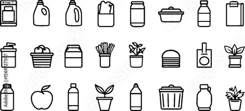 Minimalist monoline icons of everyday household and kitchen items for design projects