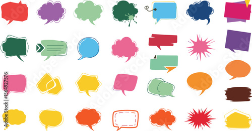 Colorful speech bubble, label, banner, comic burst, and sticker collection for design, pop art, web graphics, comics, and marketing. 