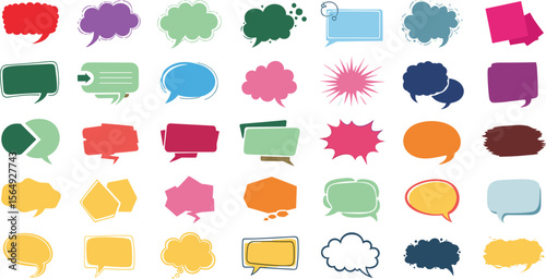Colorful speech bubble, label, banner, comic burst, and sticker collection for design, pop art, web graphics, comics, and marketing. 