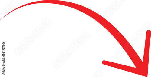 Curved Trajectory A Red Arrow Arcing Downward to the Right on a Transparent Backdrop Illustrating Descent and Directional Change for Dynamic Visuals