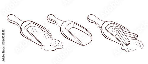 Line art set of spice scoop with powder and cinnamon stick. Perfect for cooking design, recipe book, packaging or culinary theme projects in vintage style.