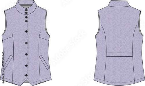 Vector flat sketch of women’s sleeveless vest with mandarin collar, floral pattern, front and back view, pointed hem design. flat vector illustration
