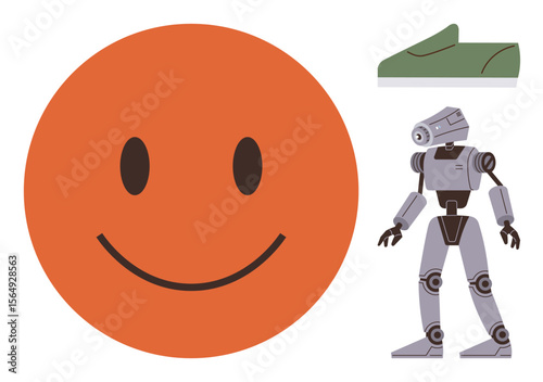 Large orange happy face contrasts with detailed robot figure and minimal green geometric accent. Ideal for technology, emotions, artificial intelligence, simplicity, contrast, futurism, minimalism