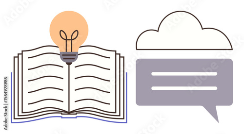 Open book with glowing lightbulb, cloud-shaped speech bubble. Ideal for education, learning, creativity, ideas, innovation, communication brainstorming. Minimalist simple flat metaphor