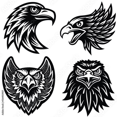 Four stylized eagle heads black and white hawk bird