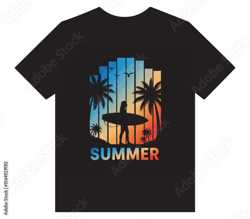Black T-shirt Design with "SUMMER" Text and Silhouette of a Surfer and Palm Trees Against a Gradient Sunset Background with Vertical Stripes.