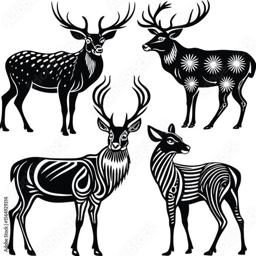 Four stylized deer with intricate patterns stag animal