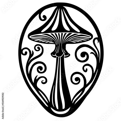 Mushroom with decorative swirls in oval frame. Black and white vector illustration isolated on white background. Botanical mushroom and nature ornament concept for tattoo and print design. 