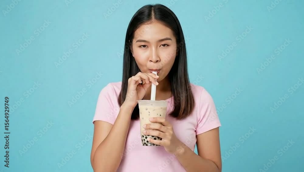 thai woman drinking boba bubble tea, blue background thai woman drinking boba bubble tea, blue background