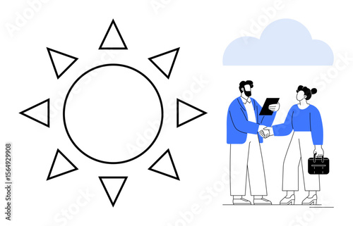 Two professionals greet with a handshake, exchanging documents, under a cloud. Beside them, a minimal sun design symbolizes energy, opportunity, growth. Ideal for teamwork, collaboration success