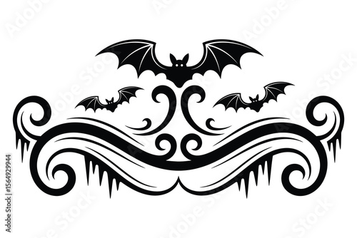 
Halloween Bats flourish swirl dividers, fancy curls line with bat stars, Calligraphy filigree Ornament scroll page separator, decorative ornate swirls, holiday menu Wedding borders design element


