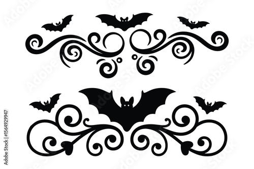 
Halloween Bats flourish swirl dividers, fancy curls line with bat stars, Calligraphy filigree Ornament scroll page separator, decorative ornate swirls, holiday menu Wedding borders design element


