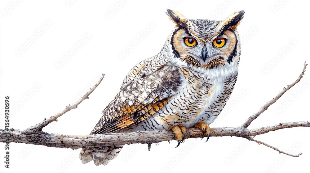 Obraz premium Great horned owl perched on a branch.