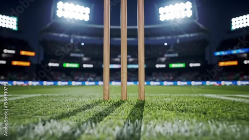 Cricket stadium night scene from wicket view with animated grass, lights, and subtle motion
