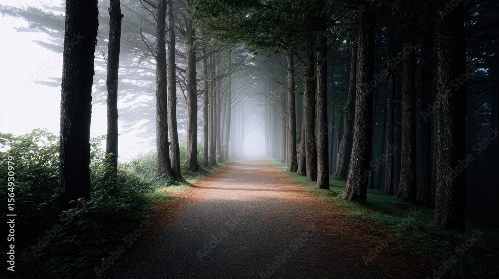 Fototapeta premium Serene Forest Pathway with Misty Background and Towering Trees