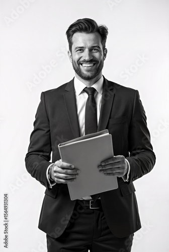Smiling Businessman Holding Folder in Studio Portrait