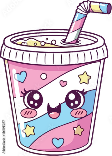 Cartoon illustration of a cute kawaii drink with a straw and decorations