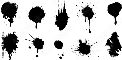Chaotic black ink splatters and drops collection for creative design projects