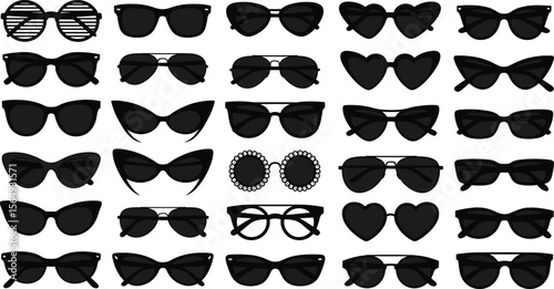 Sunglasses vector collection, modern vintage styles, fashionable eyewear silhouettes, black sunglasses illustration, white background, perfect for fashion designs, icons