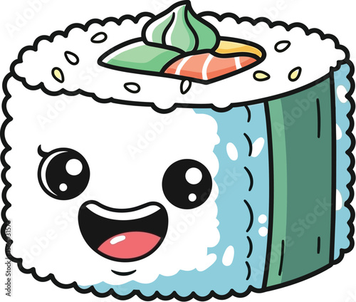Cartoon sushi roll with a cute face and colorful toppings illustration