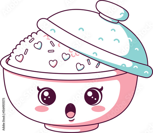 Kawaii rice bowl with hearts and sprinkles with a blue lid illustration