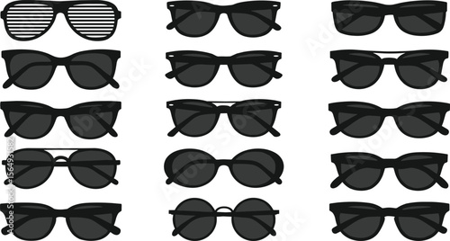 Sunglasses vector collection, modern vintage styles, fashionable eyewear silhouettes, black sunglasses illustration, white background, perfect for fashion designs, icons