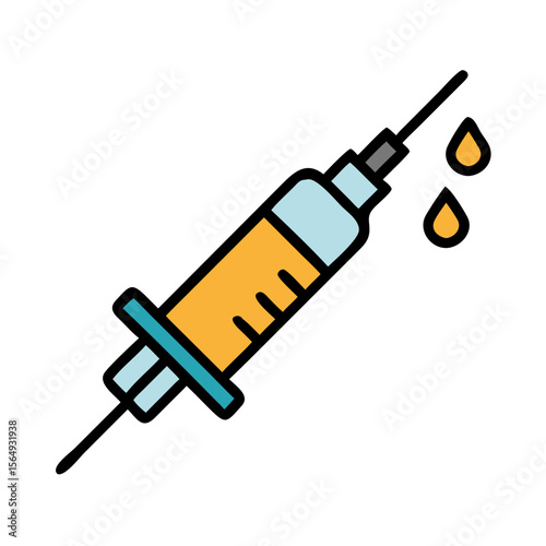Syringe with yellow liquid and dripping drops icon