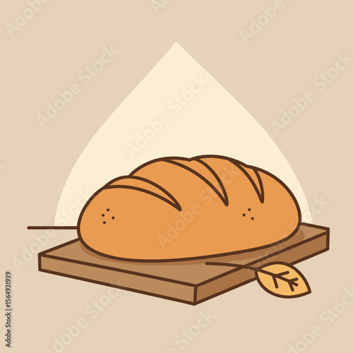 Freshly baked loaf of bread on cutting board with leaf  