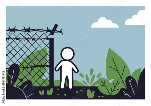 Hand drawn figure standing near barbed wire fence in nature
