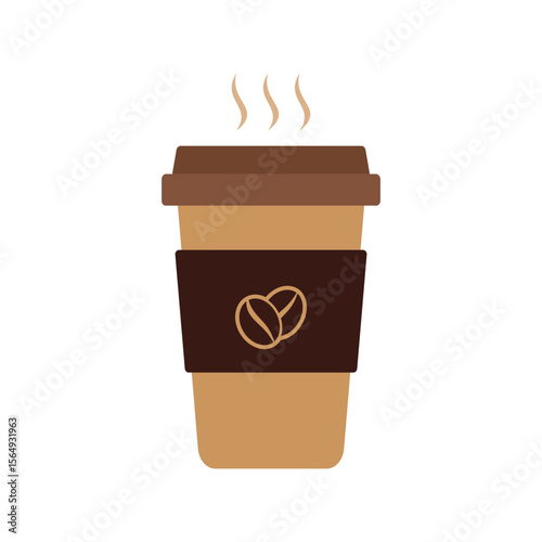 Minimal vector illustration of a brown takeaway coffee cup with a dark sleeve and steaming hot coffee. Perfect for cafe branding, beverage icons, lifestyle graphics, or coffee shop promotions.