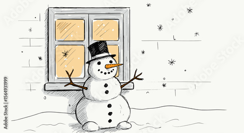 Snowman with top hat standing outside snowy window in winter scene  