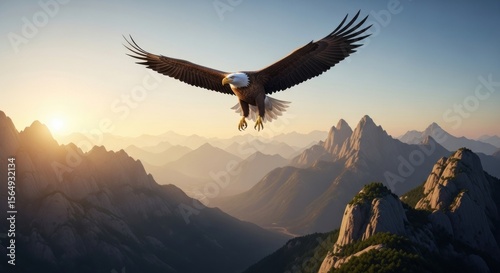 Majestic bald eagle in flight, soaring over a breathtaking mountain range at sunrise.