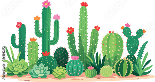 A Cheerful Cactus Garden Delightful Display of Desert Flora with Vibrant Flowers and Lush Greenery Bringing Joy