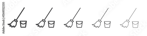 besom with stick and pail icon Line graphics illustration symbol