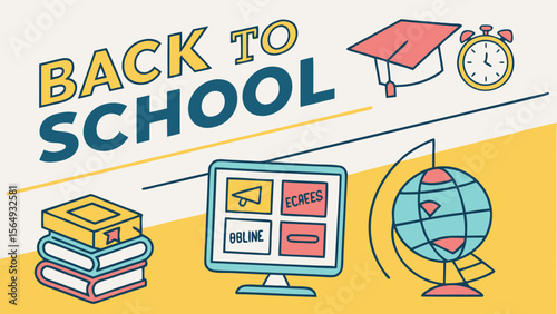 Colorful graphic for back-to-school season featuring books, a globe, and a computer.