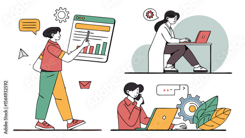A diverse depiction of remote work: a young man, a woman in a lab coat, and a thoughtful professional engaged in various tasks.