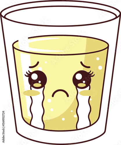 A cartoon glass filled with yellow liquid and crying on a white background