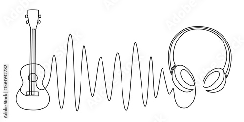 Headphone ukulele one line art, hand-drawn device gadget drawing continuous contour. Listening music, audition songs technology, acoustic guitar outline melody. Editable 