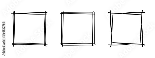 Square doodle stamp frames, hand-drawn wavy curly monograms. Edgings and cadres with simple sketchy scribble swirl design elements. Isolated. Vector illustration.