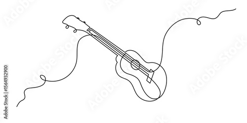 Ukulele musical concept one line art, hand-drawn playing Hawaiian string instrument drawing continuous contour. Acoustic small guitar outline melody minimalist symbol. Editable stroke. Isolated.