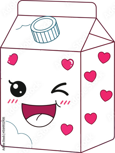 An illustration of a pink milk carton with a winking face and hearts on it