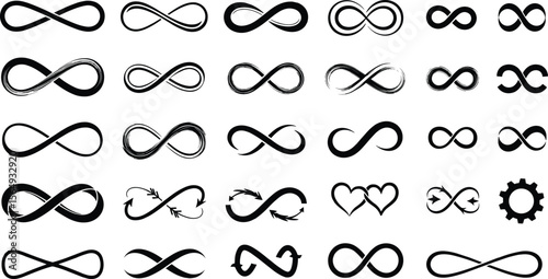 Infinity symbols collection, black infinity vector illustrations on white background. Perfect for logo design, branding, and mathematical representation. Various styles, from classic