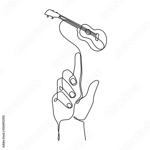 Hand holds ukulele musical concept one line art, hand-drawn playing Hawaiian string instrument drawing continuous contour. Acoustic small guitar outline melody minimalist symbol. Editable stroke.