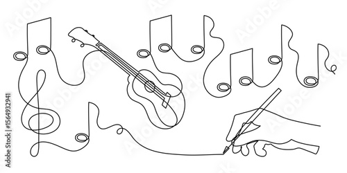 Ukulele music writing concept one line art, hand-drawn playing Hawaiian string instrument drawing continuous contour. Acoustic small guitar outline melody with treble clef and notes. Editable 