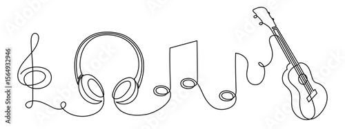 Headphone ukulele treble clef and musical note one line art, hand-drawn device gadget drawing continuous contour. Listening music, audition songs technology, acoustic guitar outline melody. Editable 