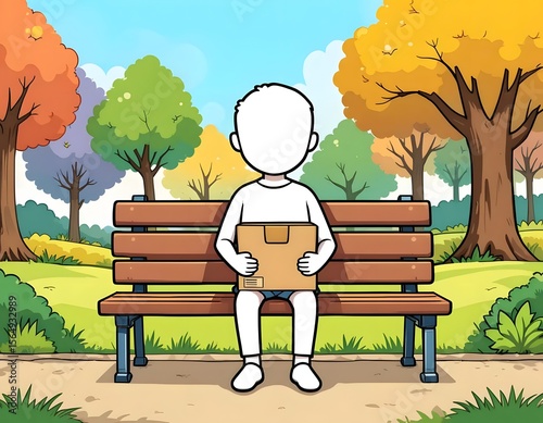 Faceless figure sitting on a bench in a park holding a cardboard box with colorful trees around him