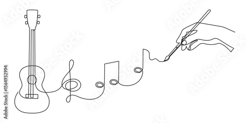 Ukulele music writing concept one line art, hand-drawn playing Hawaiian string instrument drawing continuous contour. Acoustic small guitar outline melody with treble clef and notes. Editable 