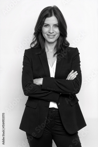 Smiling Female Executive in Formal Business Attire on White Background