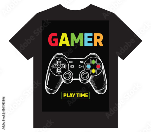 Black T-Shirt Design with "GAMER" in Colorful Text, a Hand-Drawn Style Game Controller, and "PLAY TIME" in a Yellow Box.